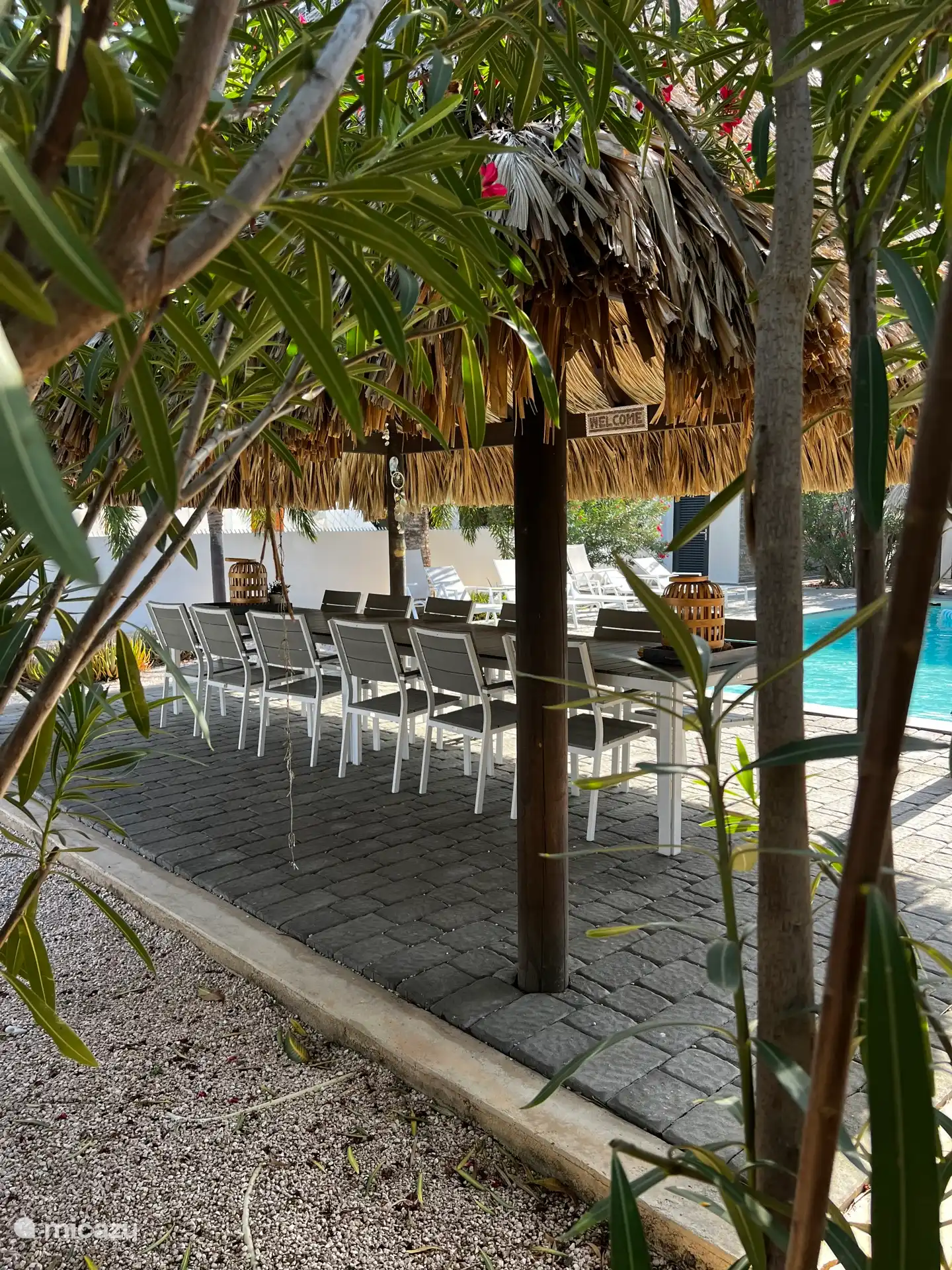 Overdekte palapa met ruime eettafel, direct aan het zwembad.