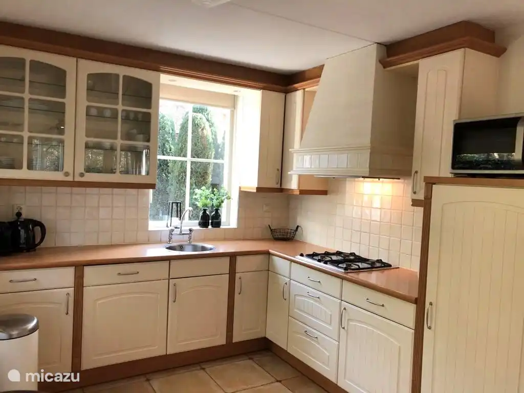 Die offene Einbauküche ist mit einem Gasherd, einem Dunstabzug, einem Kühlschrank mit Gefrierfach, einer Kombimikrowelle und einem Geschirrspüler ausgestattet.