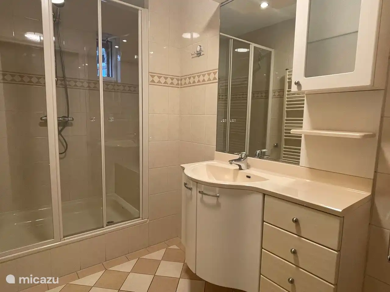 Das Badezimmer verfügt über eine besonders geräumige ebenerdige Dusche und ein Waschbecken.