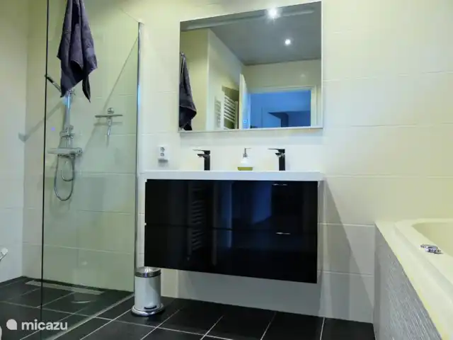 BuitenGewoon huren in Nederland, Drenthe, Westerbork - vakantiehuis Ruime luxe badkamer met inloopdouche, regendouche met glazen wand. Een dubbele wastafel met ruime la en een grote spiegel met verlichting. Aan de muur hangt een radiator waar u de natte handdoeken overheen kunt hangen. Er is een föhn aanwezig.