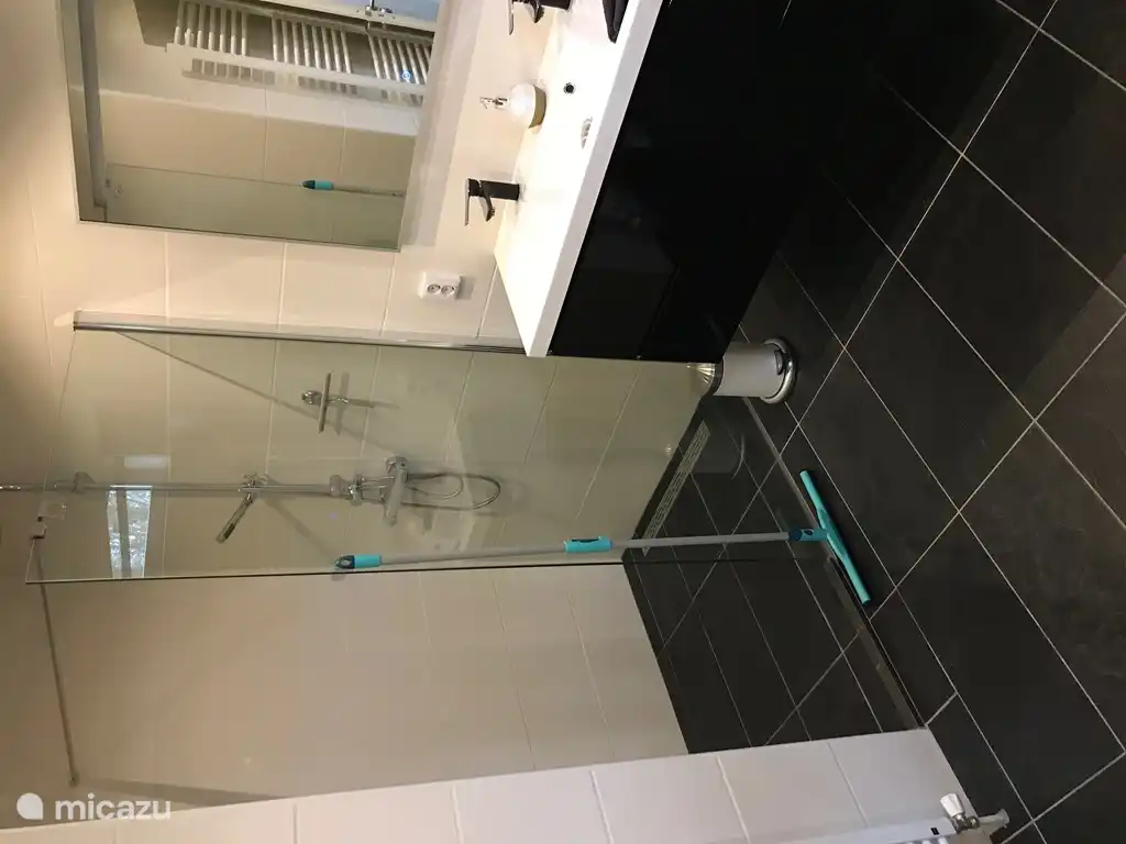 Die begehbare Dusche hat eine Glasduschwand. Die Öffnung beginnt dort, wo sich der Bodenwischer befindet. Die Öffnung ist 51 cm breit.