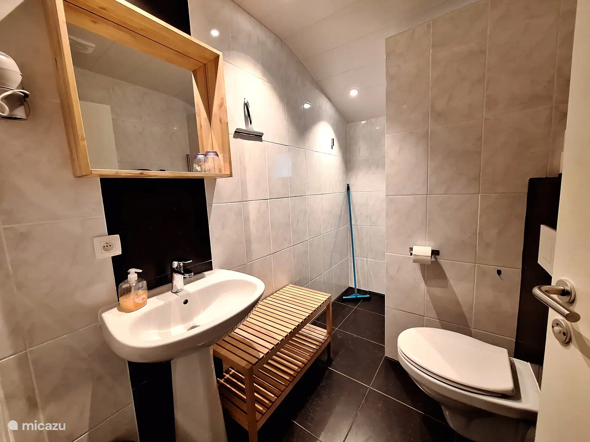 Badezimmer1 mit begehbarer Dusche, Toilette und Föhn oben