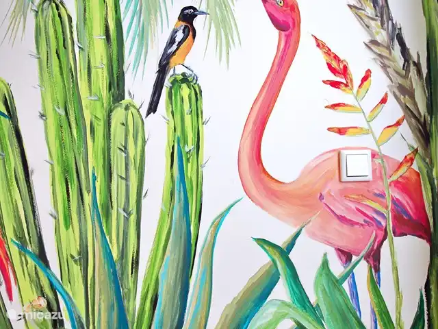 Nieuwe ruime woning met zeezicht huren in Curaçao, Curacao-Midden, Blue Bay - villa muurschildering beneden