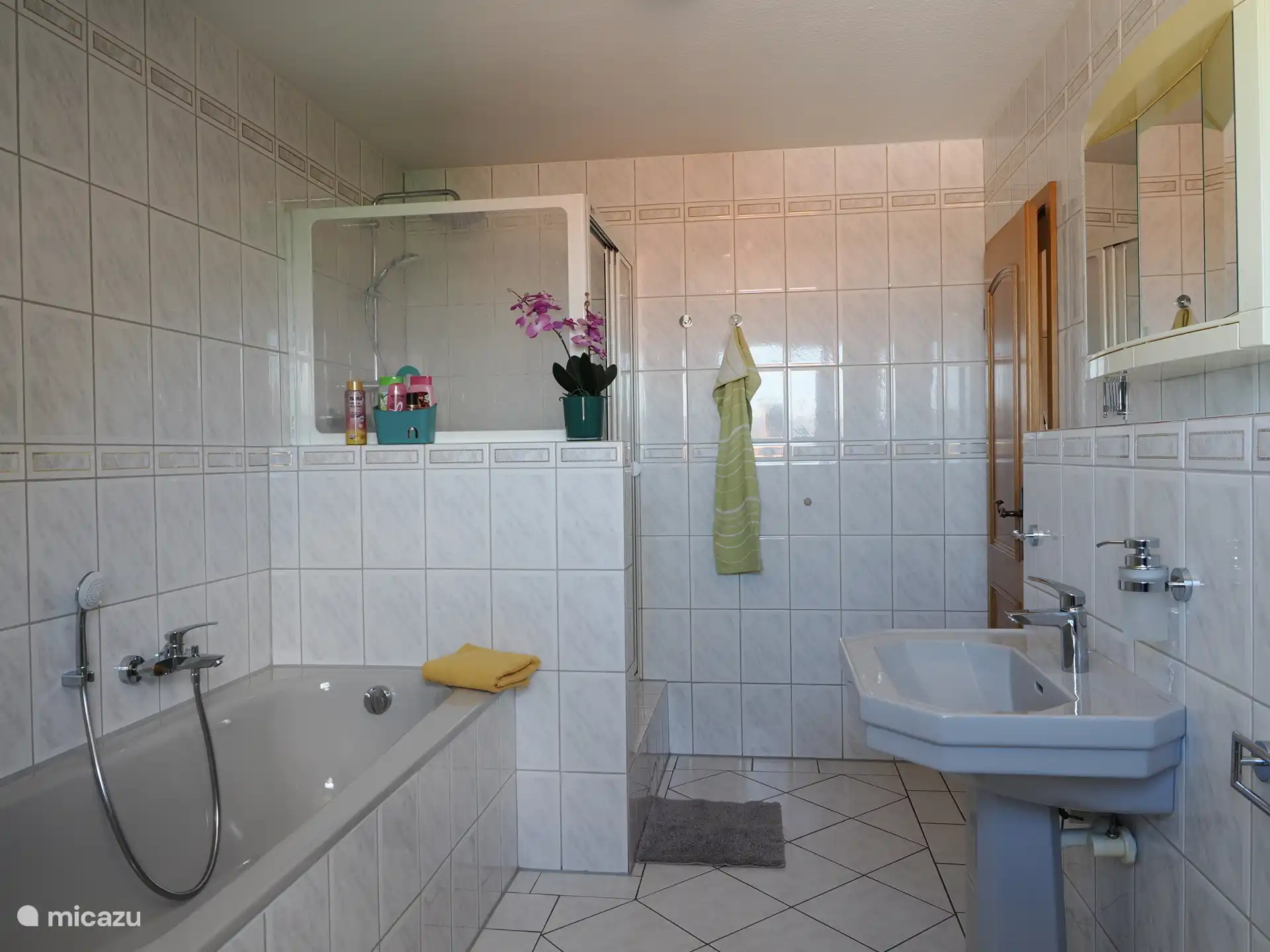 Badkamer met bad en regendouche en toilet.