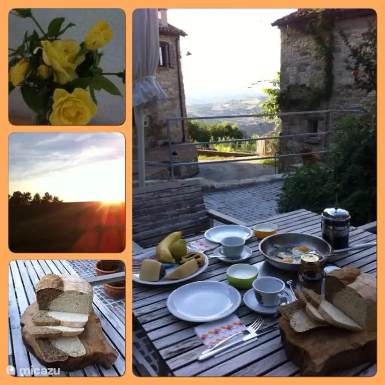 Heerlijk ontbijten op een van onze terrassen. Dit terras ligt midden in de borgo Cossure