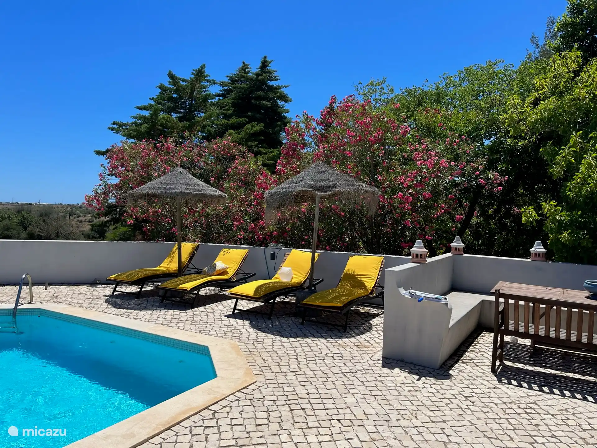 Ligstoelen bij het zwembad