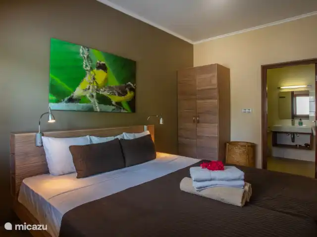 Área Jan Thiel | apartamento C8 en Curazao, Banda Arriba (este), Spaanse Water - apartamento Dormitorio principal con aire acondicionado y baño privado.