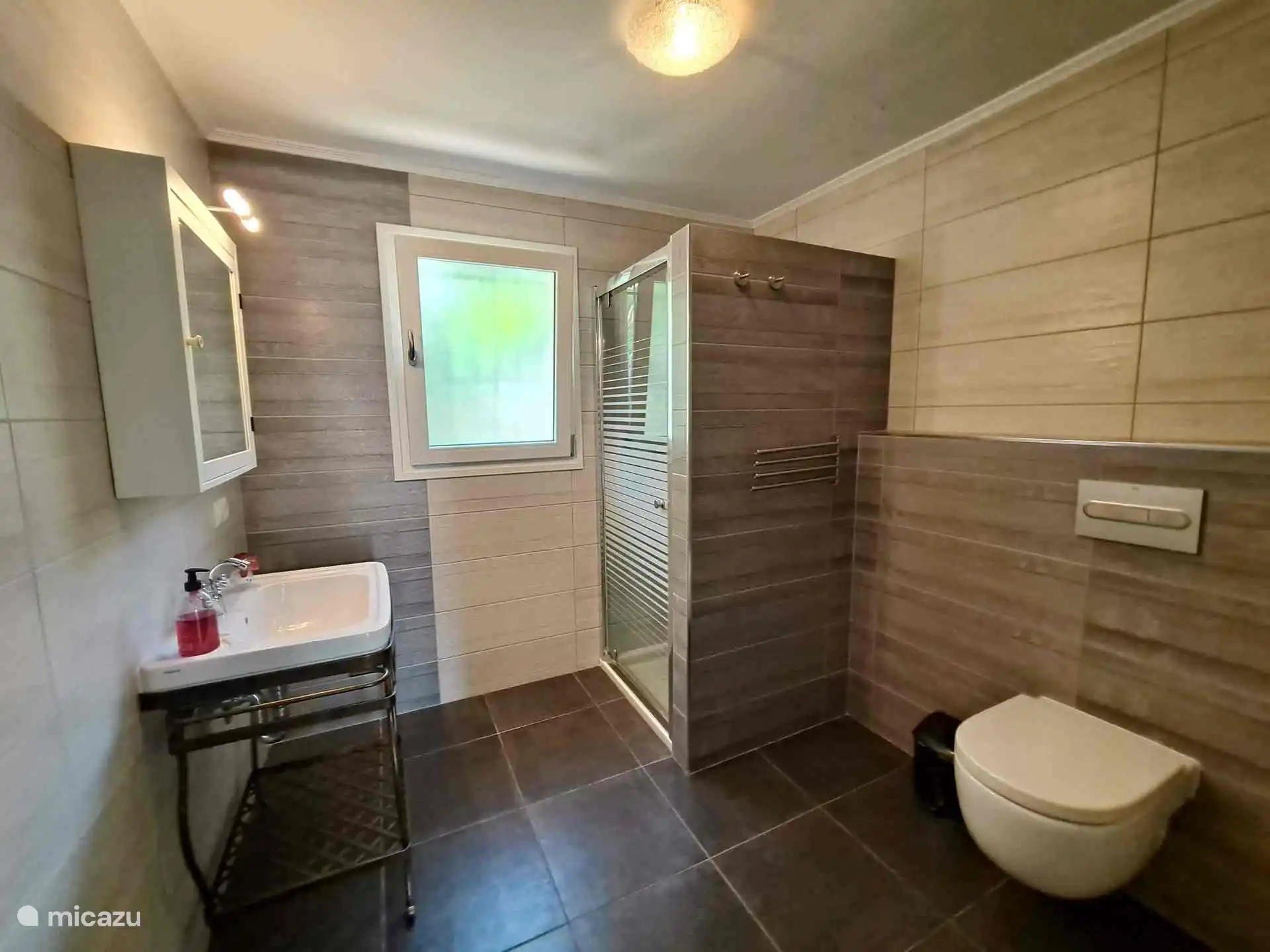 Tweede badkamer, voorzien van wastafel, inloopdouche en toilet.