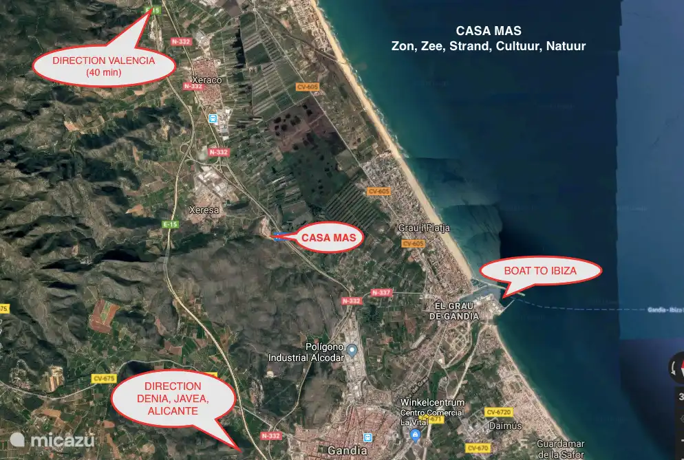 Ubicación del apartamento Casa Mas. Situado en el centro entre Valencia y Alicante. En las inmediaciones de varios balnearios.