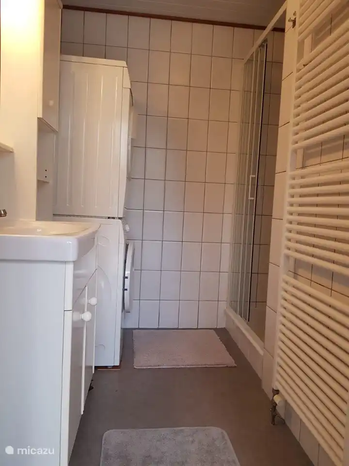 Salle de bain avec douche spacieuse, lavabo, lave-linge et sèche-linge