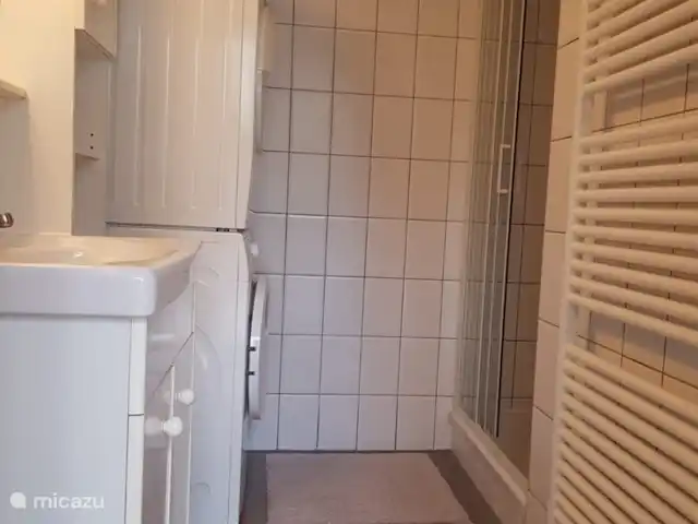 chalet huren in Nederland, Gelderland, Putten –  De Blauwe Reiger Badkamer met ruime douche  wastafel wasmachine en droger