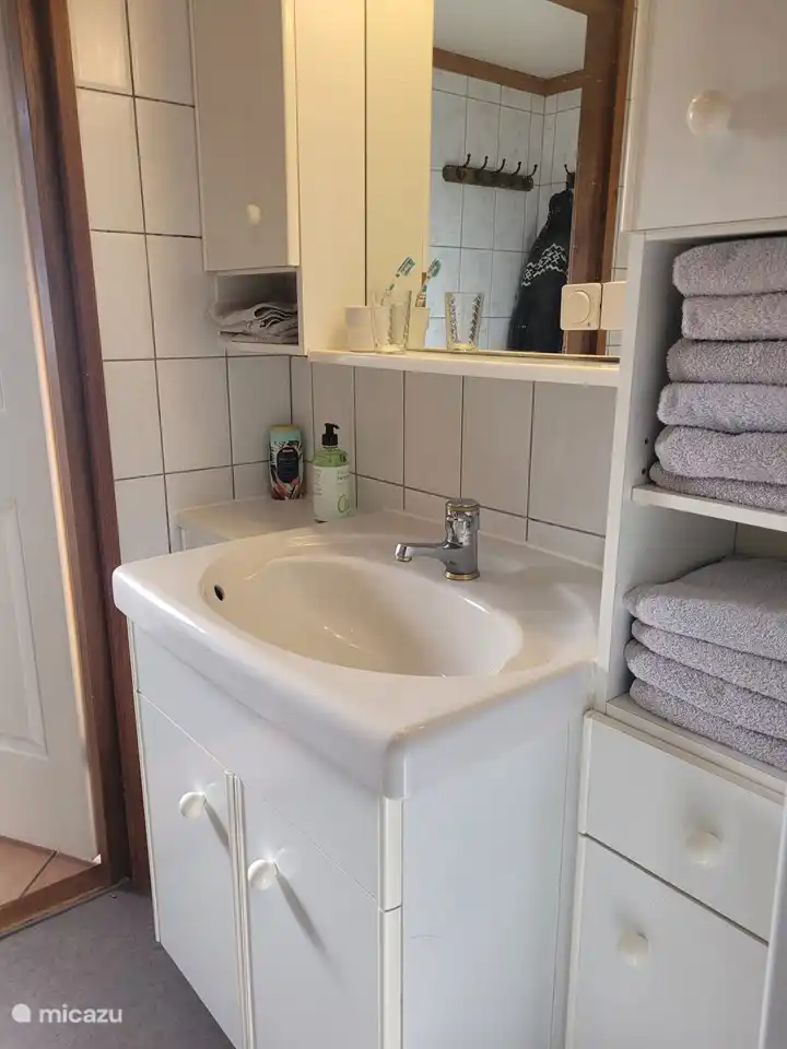 Salle de bain avec meuble vasque.