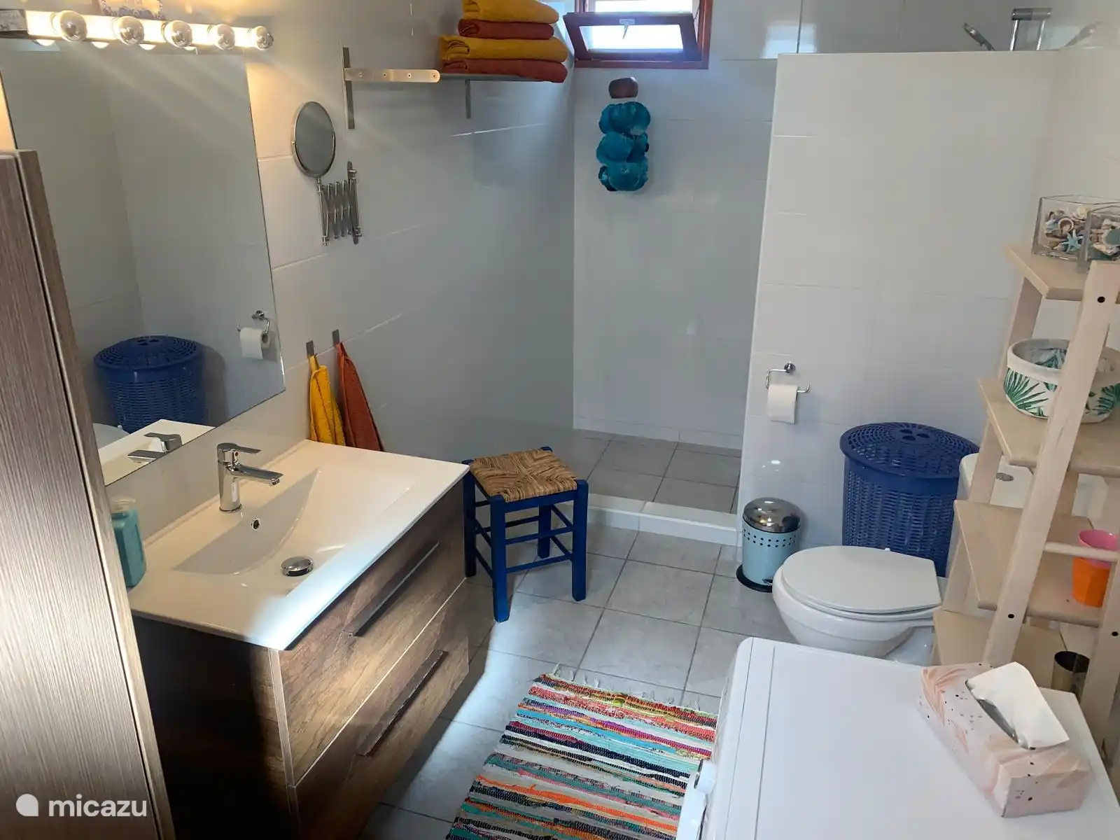 Bathroom in master bedroom with walk-in shower, toilet and washing machine.