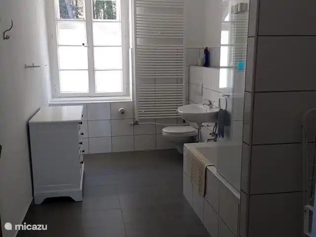 Location de Vacances Allemagne, Sauerland, Siedlinghausen - Winterberg, appartement - Jagdschloss Siedlinghausen 1 La nouvelle salle de bain est spacieuse et dispose d'une toilette, d'un lavabo, d'une douche et d'une baignoire.
