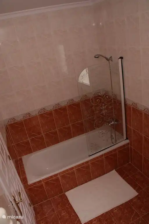 Badezimmer 1 im Erdgeschoss mit Badewanne/Dusche, Waschbecken und WC