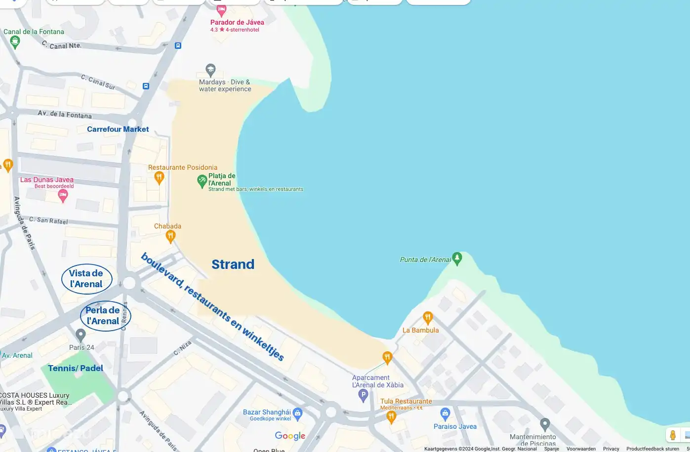 Perla de l'Arenal ligt op slecht 100m van de Arenal boulevard. We verhuren nog een tweede appartement aan de boulevard nl Vista del Arenal. (ligt tegenover Perla de l'Arenal) 