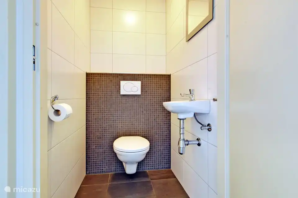 Die gepflegte, moderne Toilette im Erdgeschoss ist im selben Stil wie die 2 Badezimmer gestaltet.