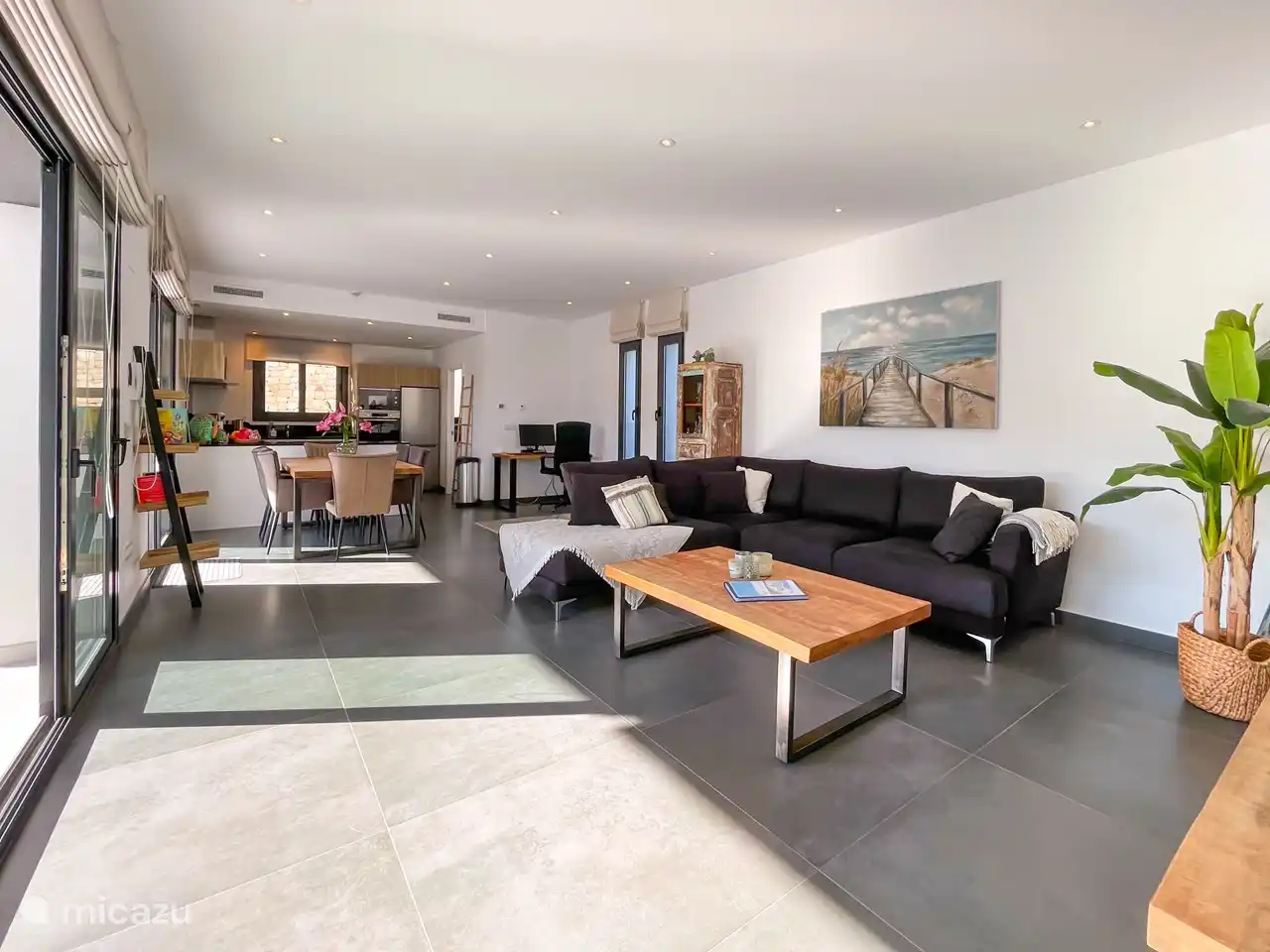 Vue d'ensemble salon, salle à manger et cuisine ouverte