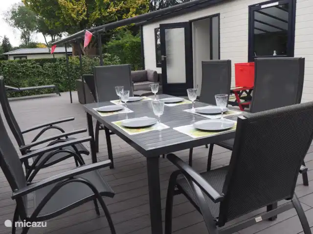 Confort-Bungalow Bird Line, Martin-pêcheur | Pays-Bas, Gueldre, Voorthuizen - bungalow Sur la terrasse spacieuse, il y a aussi une grande table où 6-8 personnes peuvent manger/barbecue.