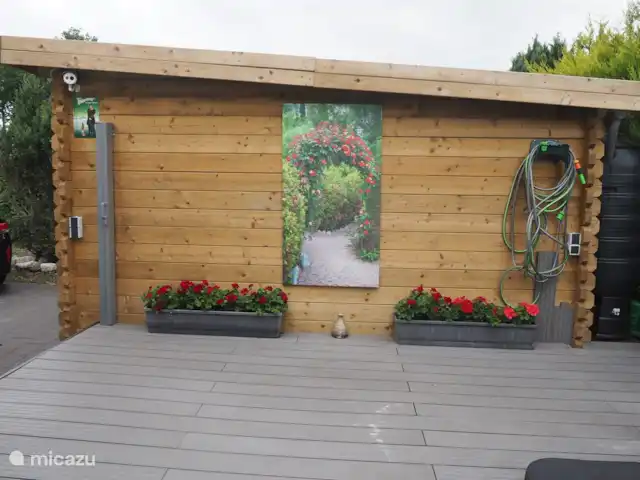 Confort-Bungalow Bird Line, Martin-pêcheur | Pays-Bas, Gueldre, Voorthuizen - bungalow Au bout de la terrasse se trouve la cabane en rondins dans laquelle se trouvent un vélo pour hommes et pour femmes; en face se trouve le parking privé.
