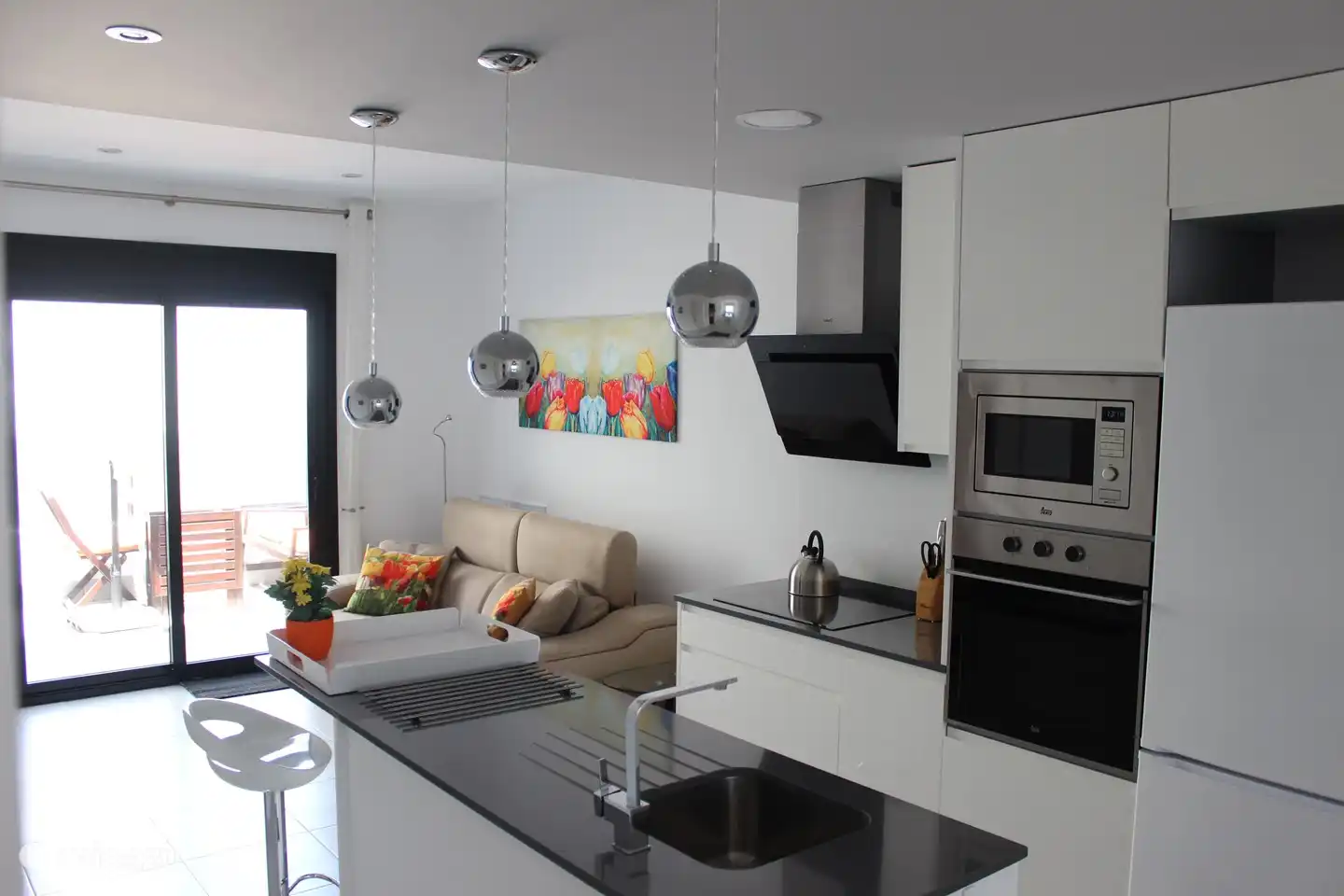 Küche mit Backofen, Mikrowelle, Induktionsplatte, Kühlschrank mit Gefrierfach, Geschirrspüler etc.