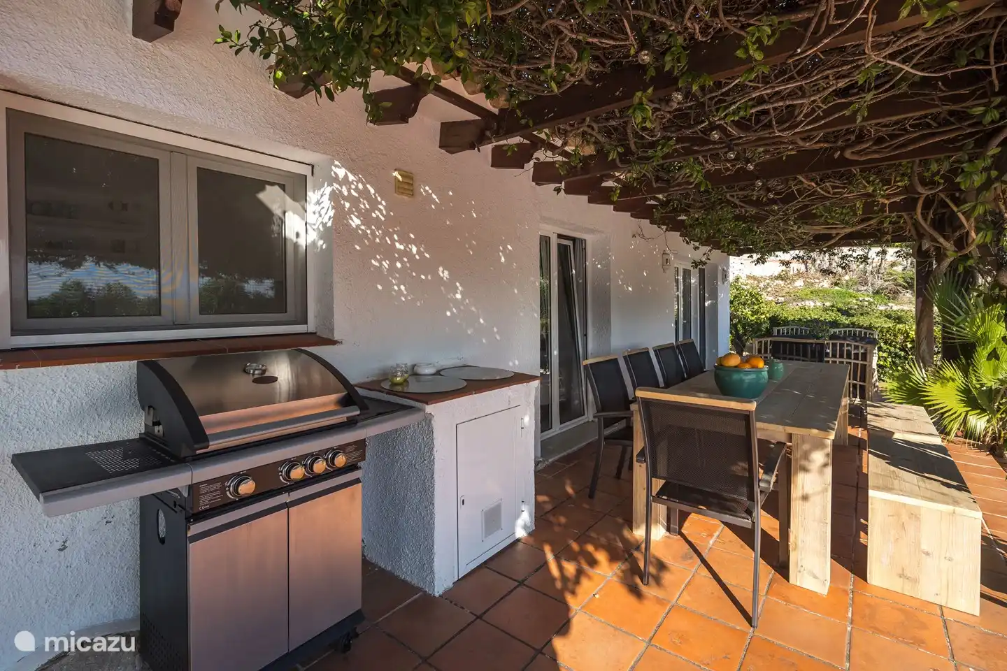 Terrasse couverte recouverte de jasmin, l'or de notre maison, on aime y ajouter les feuilles.