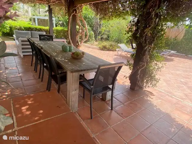 Grande table pouvant accueillir 10 personnes et barbecue à gaz à proximité.