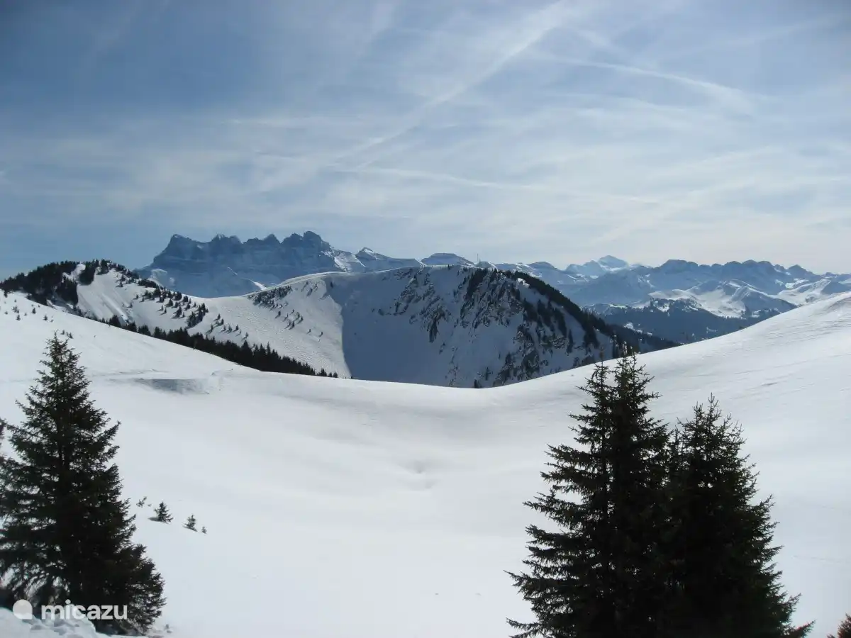 op de top van Le Tronchey met Les Dents du Midi en in de verte Le Mont Blanc
