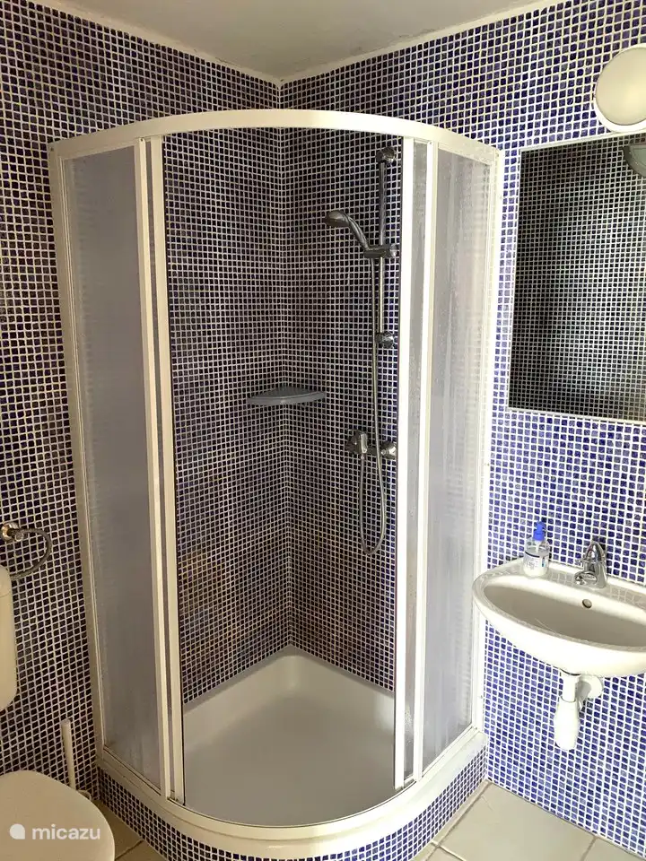 Bad mit Dusche, Waschbecken und Toilette