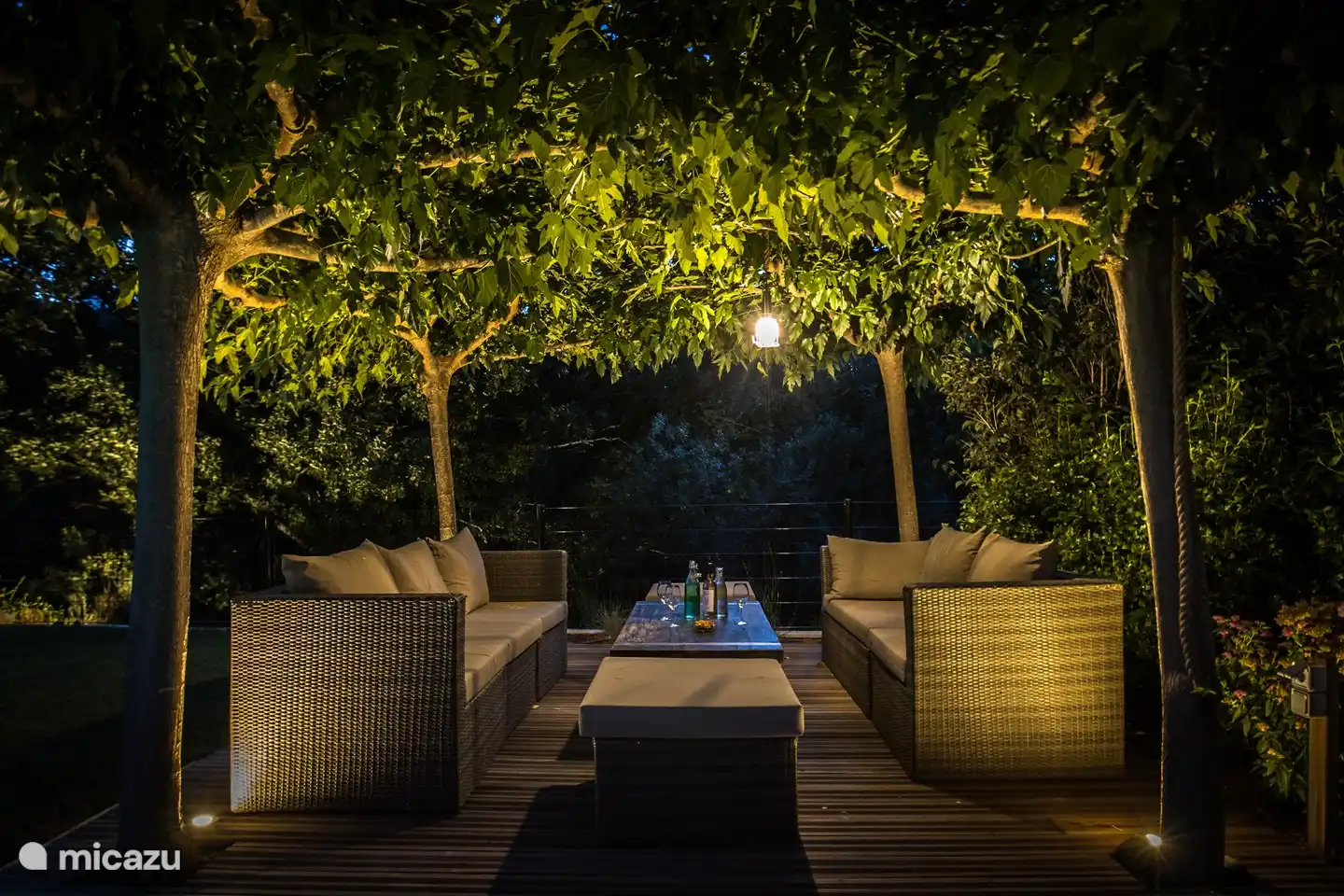 Ons moerbeienterras. U zult zien dat u hier vaak gebruik van maakt. En mooi groen uitzicht overdag (met natuurijke schaduw) en in de avond zijn de bomen aangelicht!