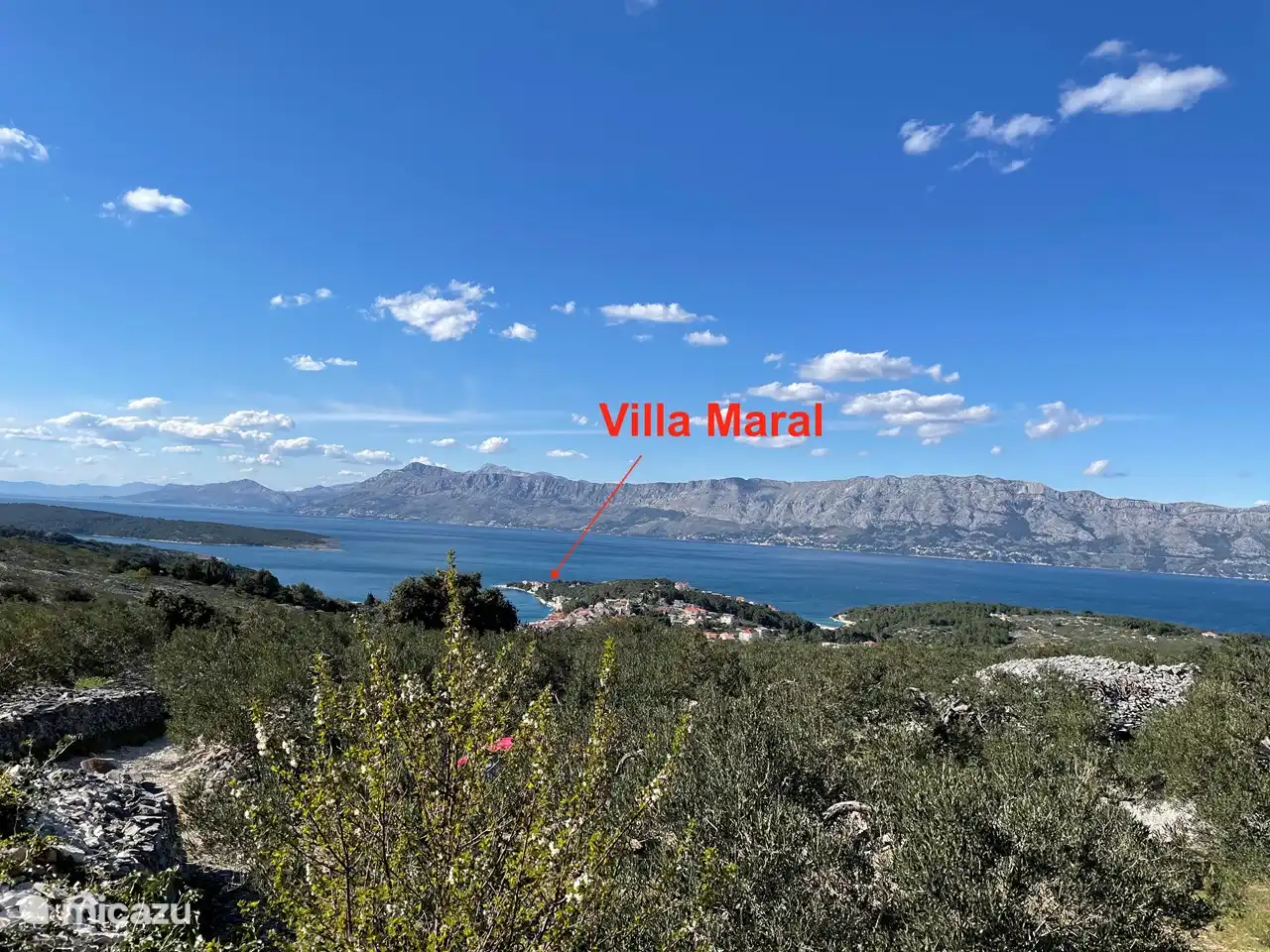 View from our own olive grove on the village of Povlja, the bay and Villa Maral.