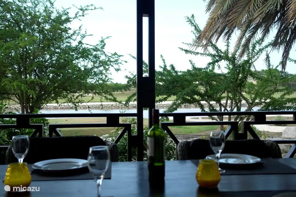 View from your table on lake with flamingos and golf course