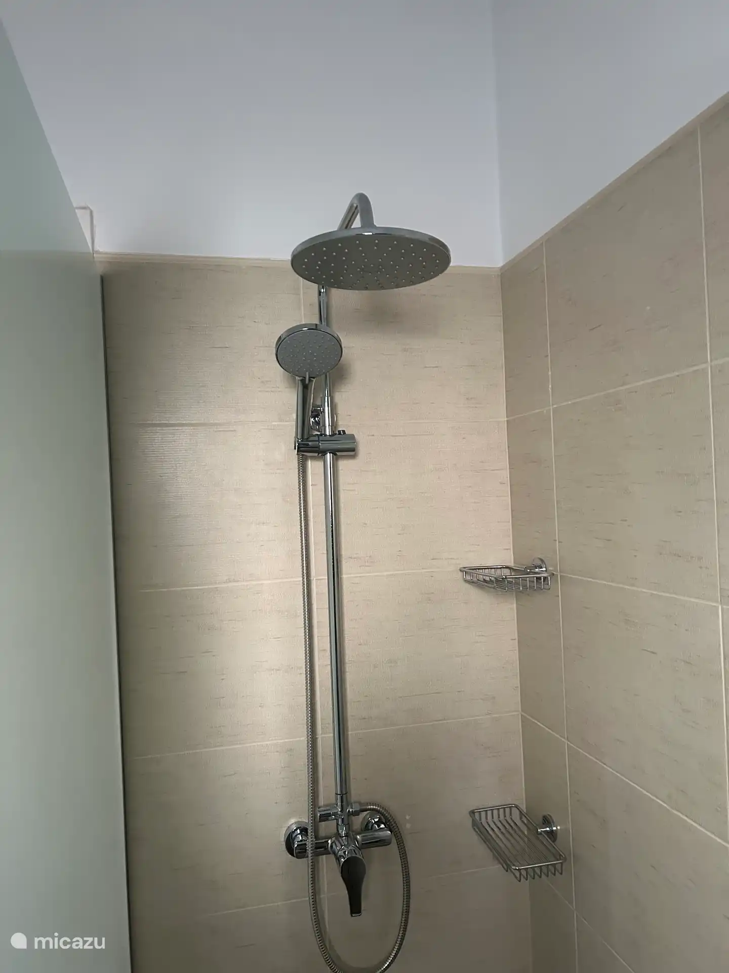 Walk-in shower with rain/rain shower and hand shower.