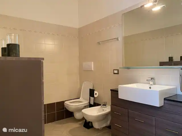 Casa Moia : Luxe, Piscine, Tranquillité ★★★★★ | Italie, Lacs italiens , Tavernola Bergamasca - maison de vacances Grande salle de bain avec de nombreux rangements, toilettes suspendues et bidet