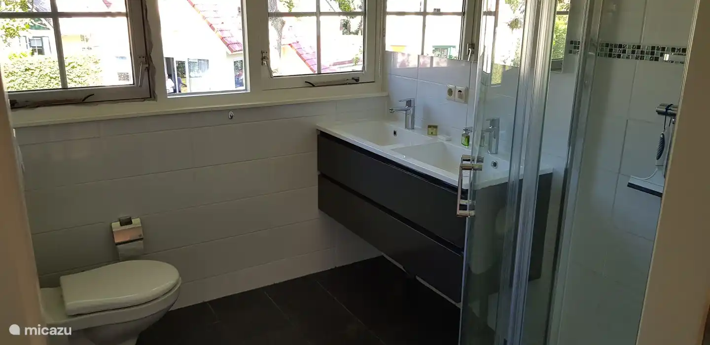 Ruime badkamer met wandcloset, meubel en douche met lage instap.