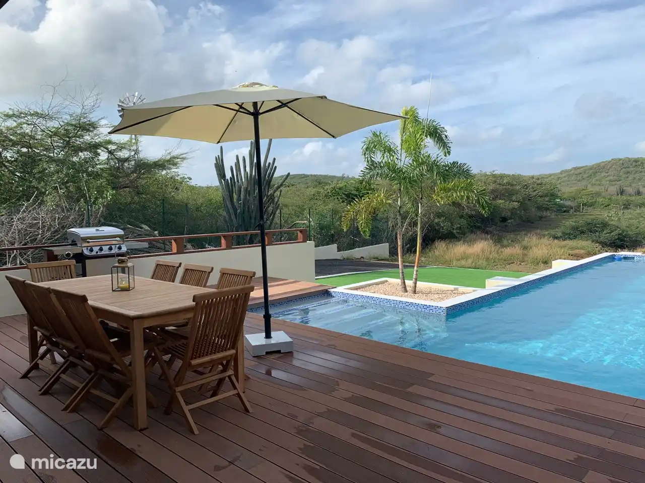 Swimmingpool mit Esstisch und Gasgrill.