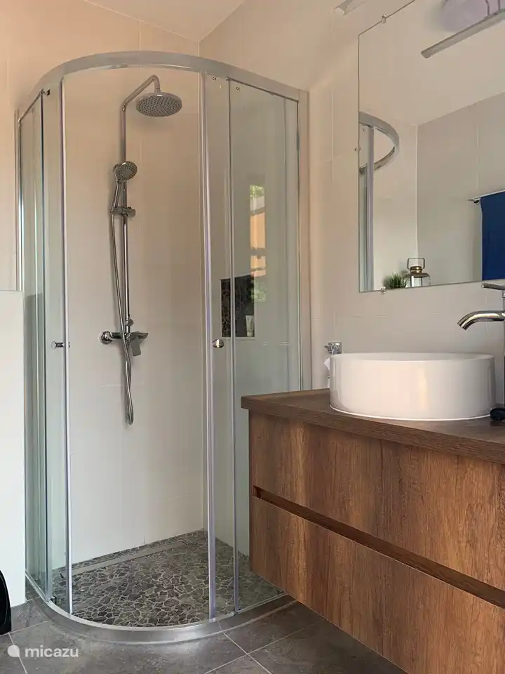 Badezimmer mit Dusche und Waschbecken.