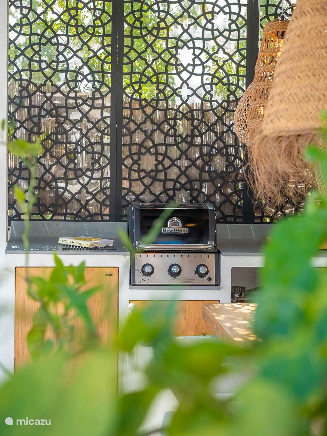 La barbacoa y la nevera están disponibles en la cocina exterior