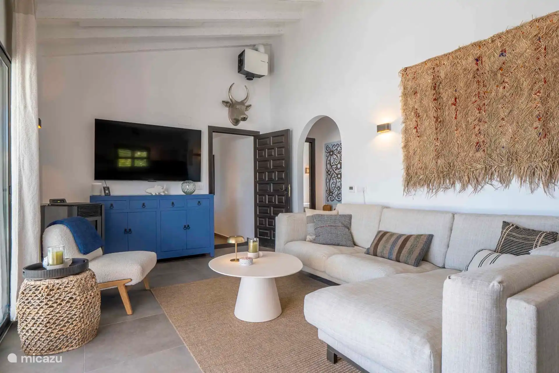 Salón con televisor grande y estufa de pellets