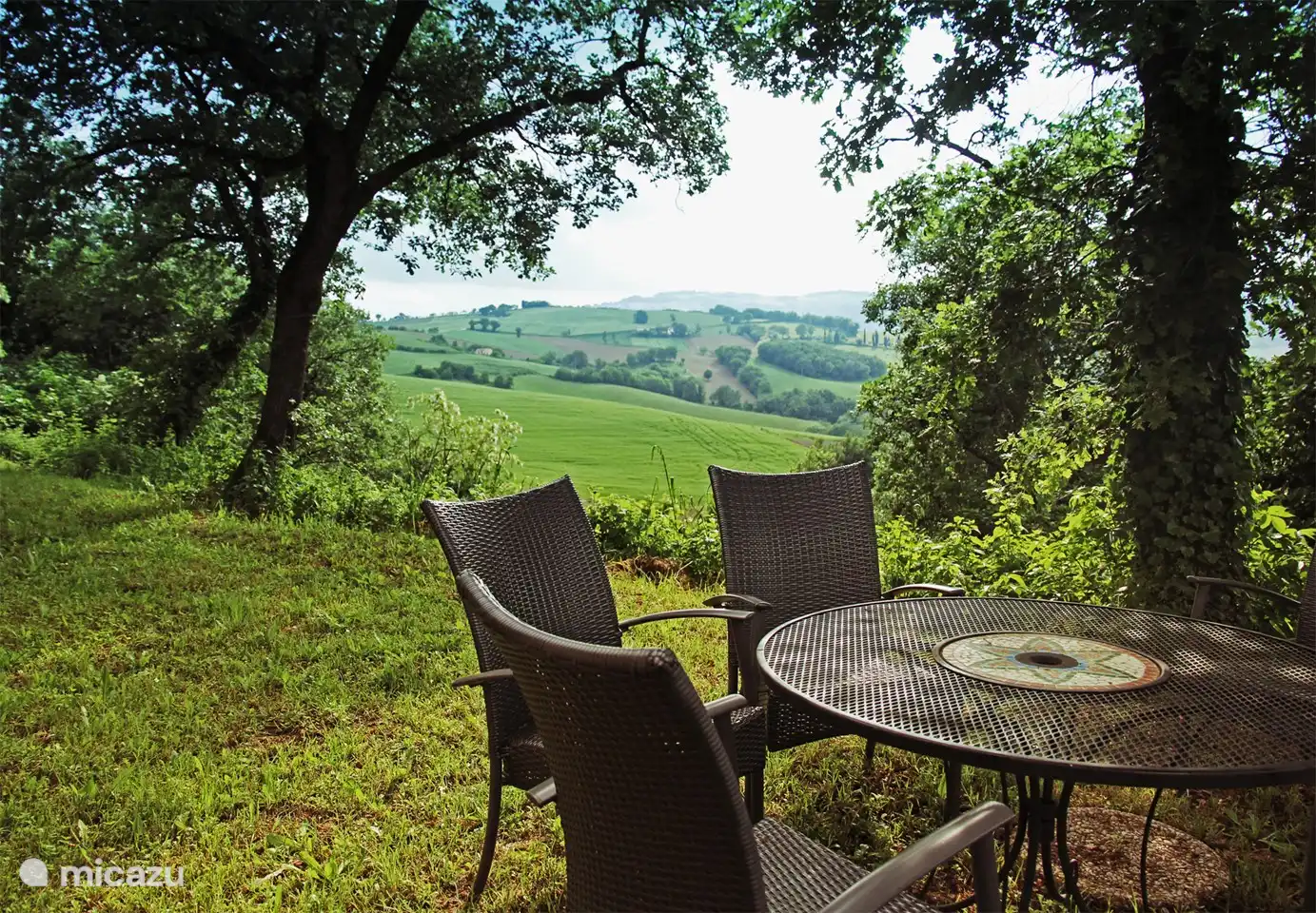 Vanaf een zitje aan de zijkant kunt u onder de bomen genieten van het uitzicht 