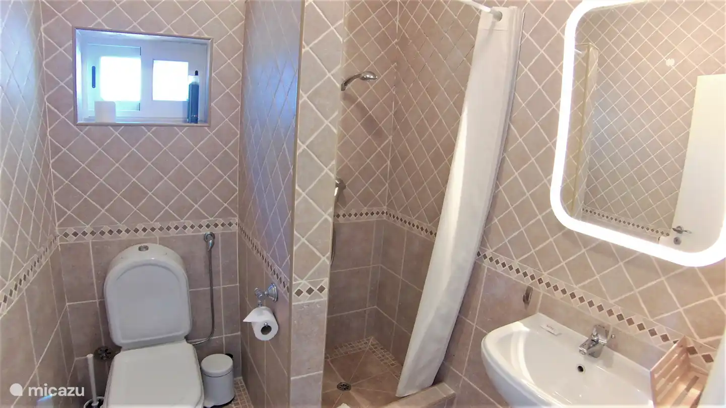 La salle de bain de la chambre parentale avec WC, lavabo et douche.