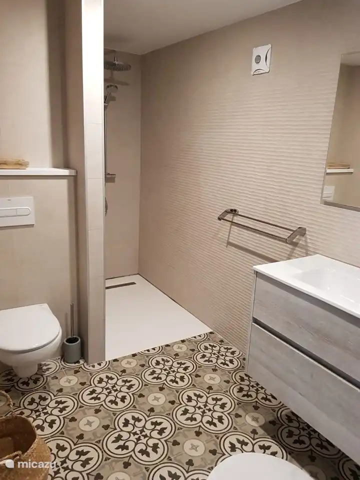 Gästehaus geräumiges Badezimmer mit ebenerdiger Dusche.