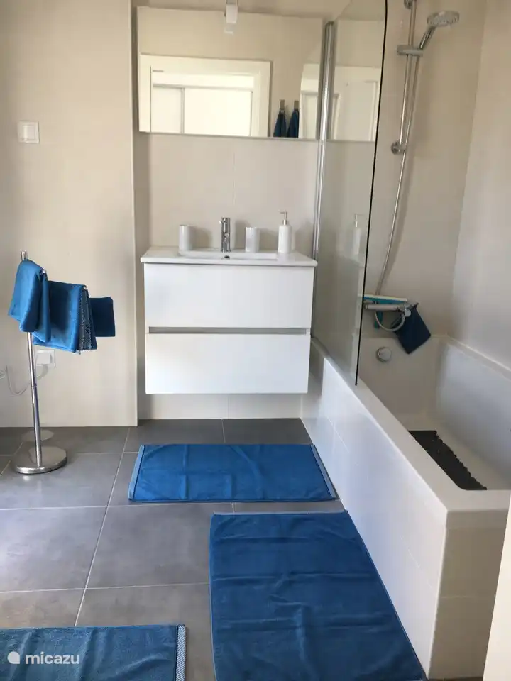 Das an das blaue Schlafzimmer angrenzende Badezimmer mit Badewanne, Dusche, Waschbecken und WC. Natürlich auch mit blauen Badtextilien. 