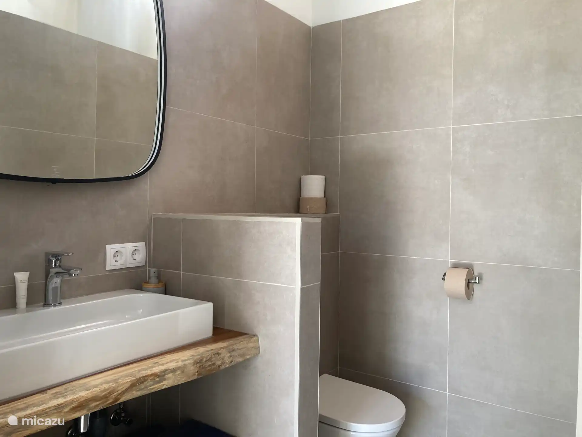 2ème salle de bain avec meuble vasque, douche et WC