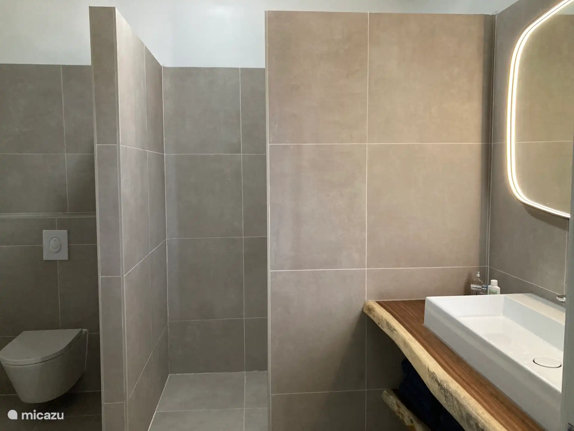 Salle de bain moderne dans la chambre principale avec douche à l’italienne, meuble vasque et toilettes