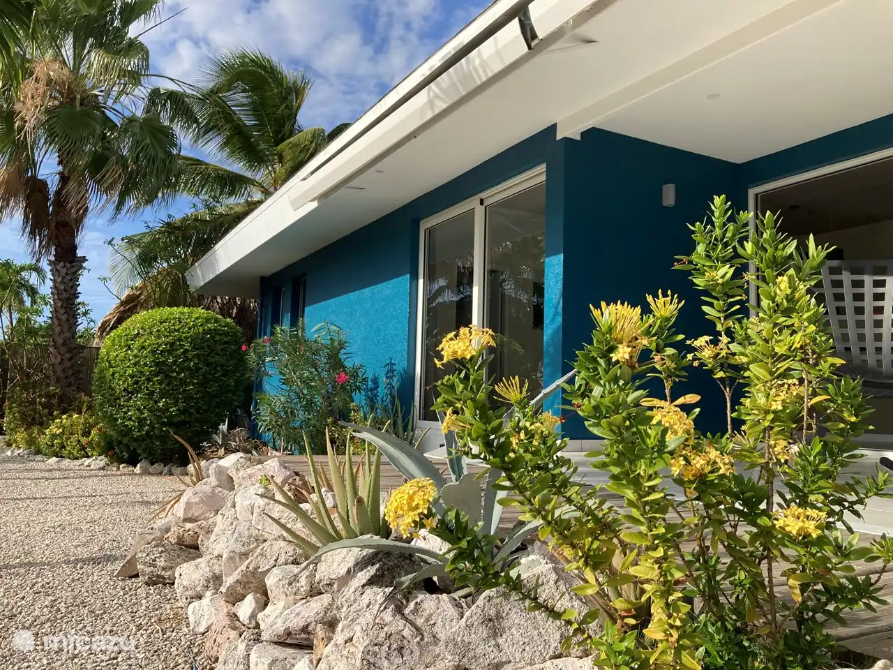 Terrasse avec vue sur le jardin et la palapa