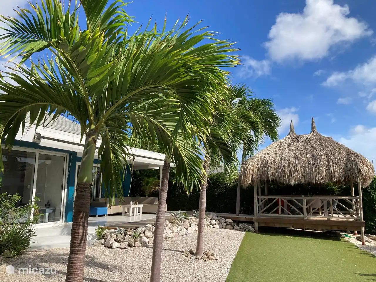 Arrière de la maison avec terrasse, grand jardin et palapa