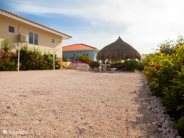 Bunita Blenchi huren in Curaçao, Banda Abou (west), Fontein - villa De aanblik op de Palapa vanuit de ruime tuin. Het totale perceel oppervlakte van Bunita Blenchi is 800m2