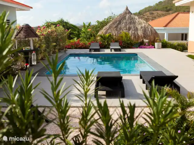 Bunita Blenchi huren in Curaçao, Banda Abou (west), Fontein - villa Het zwembad voor de nodige verkoeling. Op de 6 ligbedden kunt u lekker relaxen. De aan alle kanten begroeide tuin geeft veel privacy