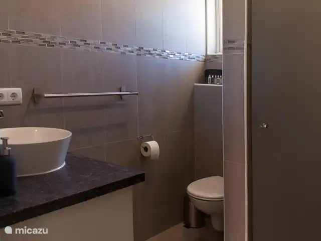 Bunita Blenchi huren in Curaçao, Banda Abou (west), Fontein - villa De tweede badkamer welke zich bevind tussen de tweede en derde slaapkamer. Deze beschikt over een inloop douche met warm water. De wastafel met badmeubel geeft veel opbergruimte